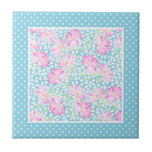 Pink Roses White Butterflies Polkas Ceramic Tile