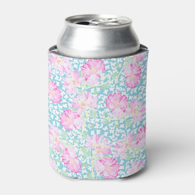 Pink Roses White Butterflies Sky Blue Can Cooler (Can Front)