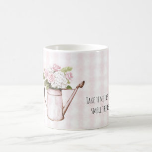 Pink Roses White Floral Watering Can Coffee Mug
