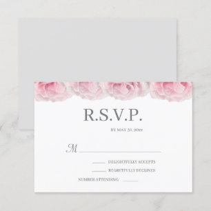 Pink Roses White Grey Elegant Floral Wedding RSVP Invitation