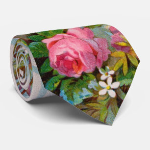 PINK ROSES, WHITE JASMINES,GREEN LEAVES Floral Nec Tie