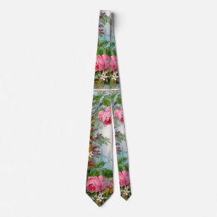 PINK ROSES, WHITE JASMINES,GREEN LEAVES Floral Tie