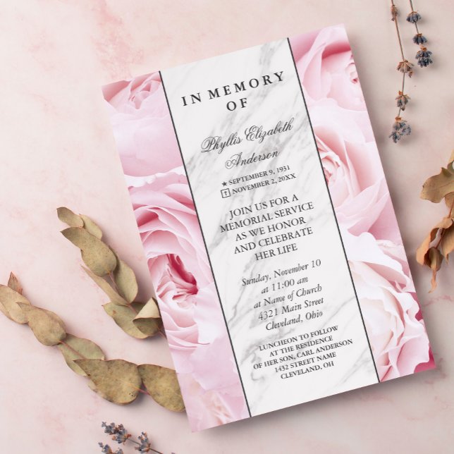 Pink Roses & White Marble | Memorial Service Invitation (Creator Uploaded)