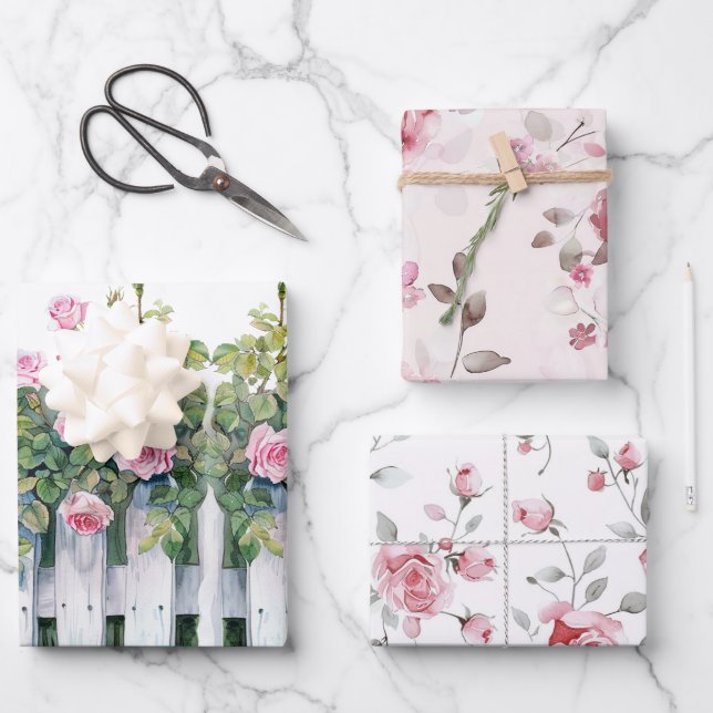 Pink Roses White Picket Fence Bridal Shower Wrapping Paper Sheet (Front)