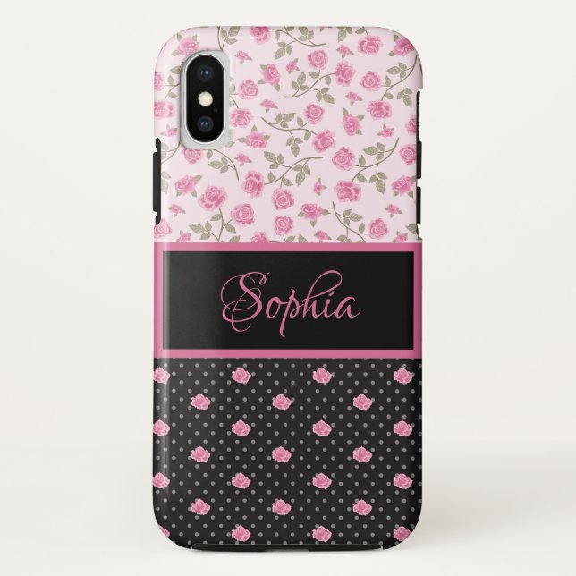 Pink Roses, White Polka Dots on Black-Monogrammed Case-Mate iPhone Case (Back)