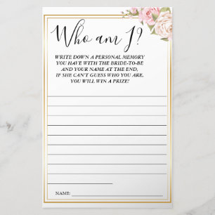 Pink Roses Who I am Bridal shower game card Flyer