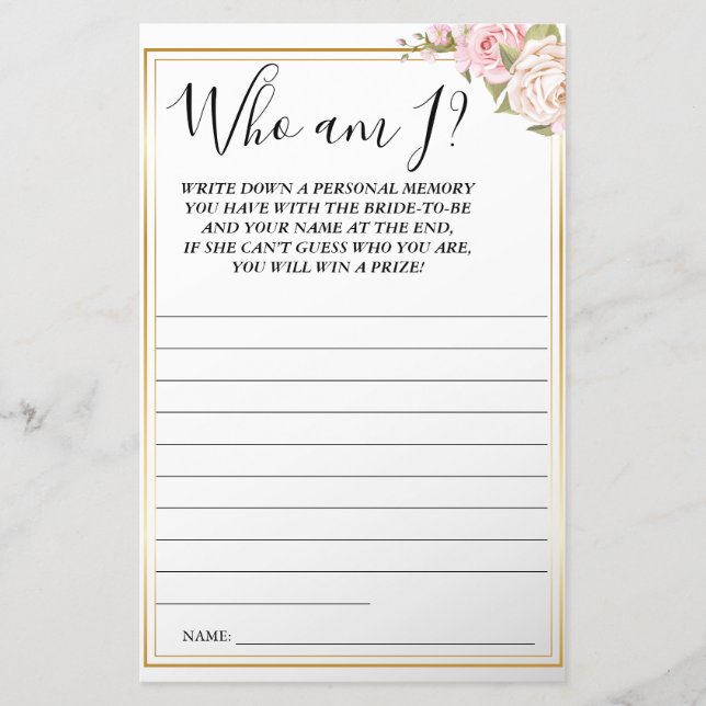Pink Roses Who I am Bridal shower game card Flyer (Front)