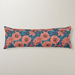 Pink roses with blue leaves on blue body pillow
