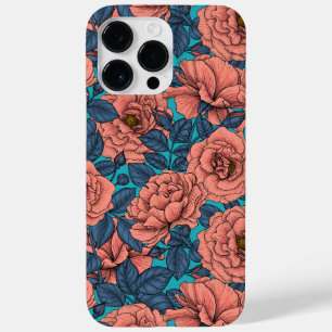 Pink roses with blue leaves on blue Case-Mate iPhone 14 pro max case