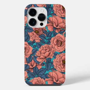 Pink roses with blue leaves on blue iPhone 14 pro max case