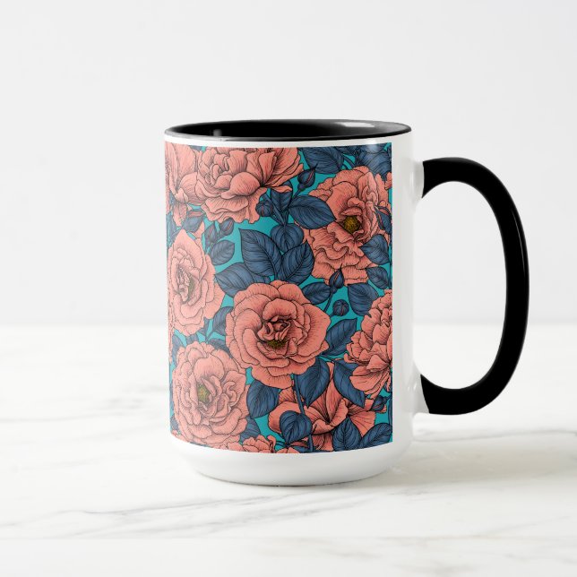 Pink roses with blue leaves on blue mug (Right)