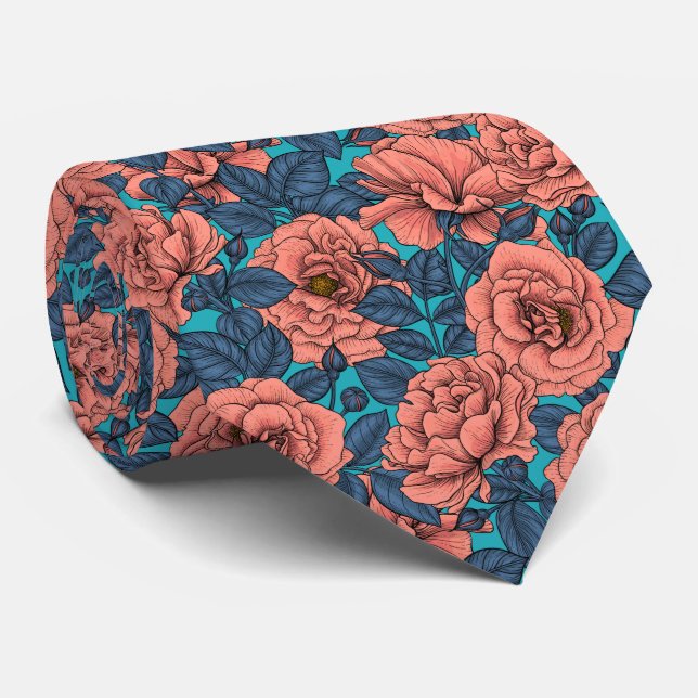 Pink roses with blue leaves on blue tie (Rolled)