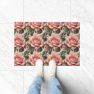 Pink Roses With Brushstroke Leaves  Doormat