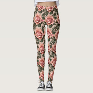Pink Roses With Brushstroke Leaves Leggings