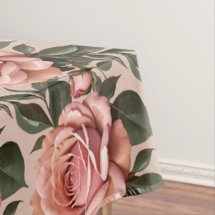 Pink Roses With Brushstroke Leaves  Tablecloth