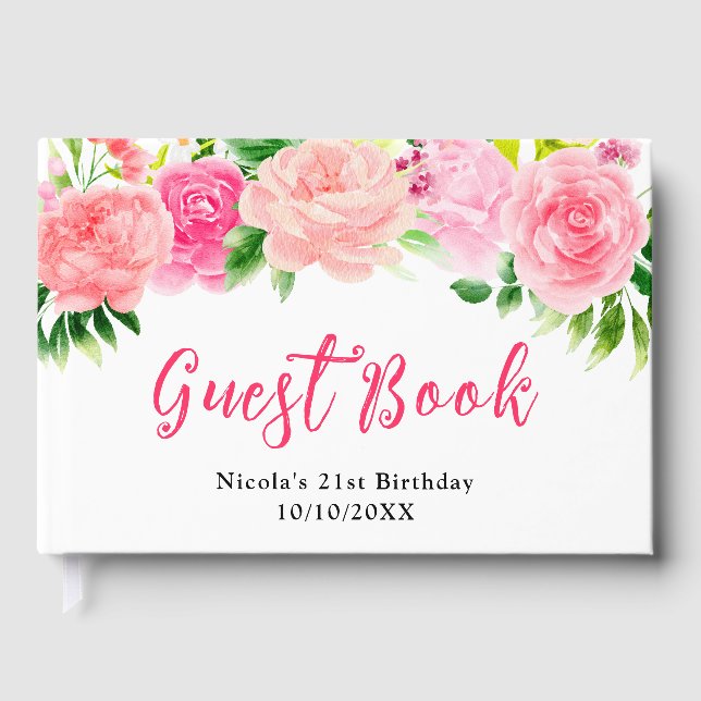 Pink Roses with Foliage Birthday Guest Book (Front)