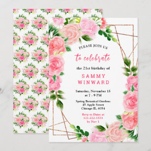 Pink Roses with Foliage Birthday Invitation