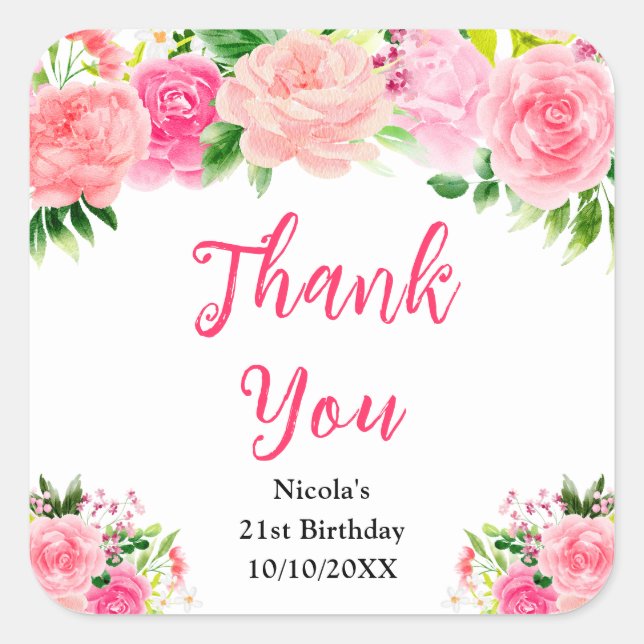 Pink Roses with Foliage Birthday Thank You Square Sticker (Front)