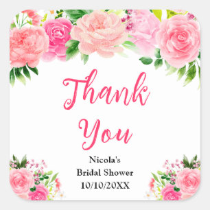Pink Roses with Foliage Bridal Shower Thank You Square Sticker