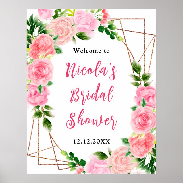 Pink Roses with Foliage Bridal Shower Welcome Poster (Front)