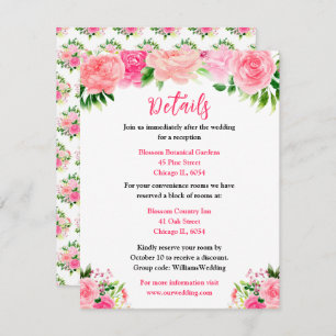 Pink Roses with Foliage Wedding Details Enclosure Card