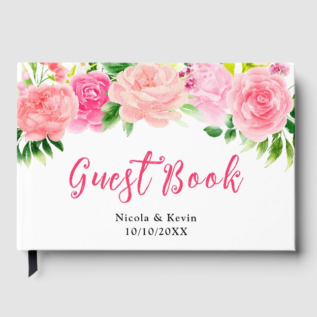 Pink Roses with Foliage Wedding Guest Book (Front)