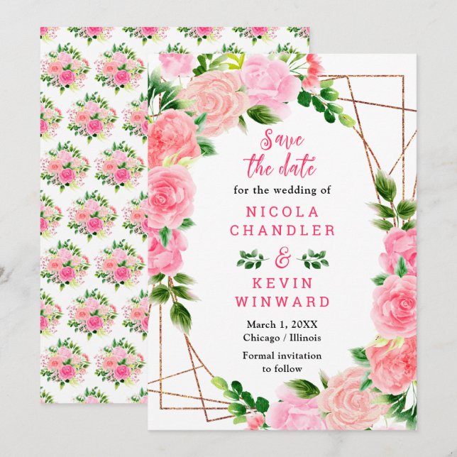 Pink Roses with Foliage Wedding Save The Date (Front/Back)