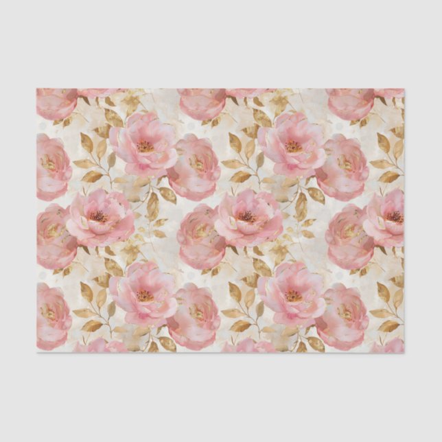 Pink Roses with Gold Leaves Pattern Tissue Paper (Front)