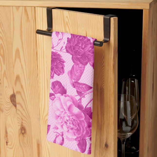 Pink Roses With Leaves Pattern Kitchen Towel (Thirds Fold)