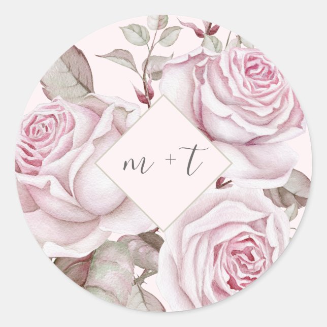 Pink Roses with Monograms Wedding Classic Round Sticker (Front)