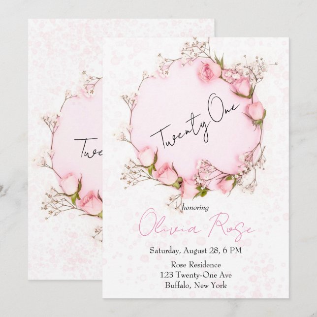Pink Roses Wreath Chic 21st Birthday Party Invitation (Front/Back)