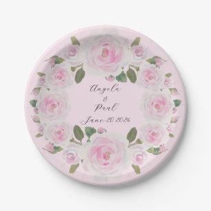 Pink Roses Wreath Name Text Paper Plate Wedding