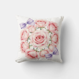 Pink Roses Wreath Watercolor Floral Throw Pillow
