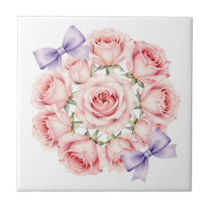 Pink Roses Wreath Watercolor Floral Tile