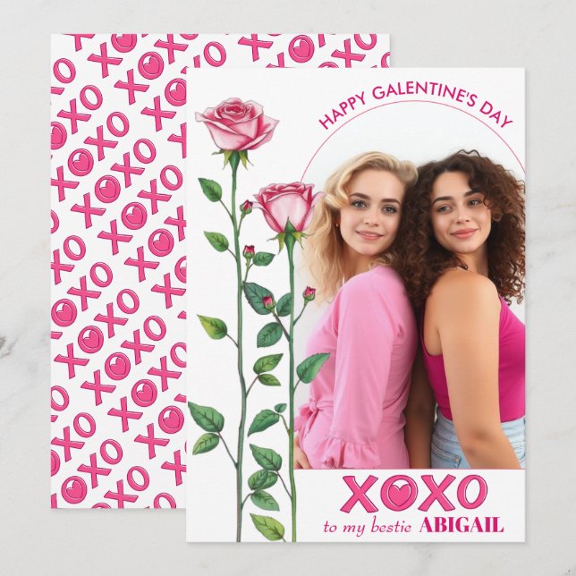 Pink roses, XOXO arch photo Galentine's Day Holiday Card (Front/Back)