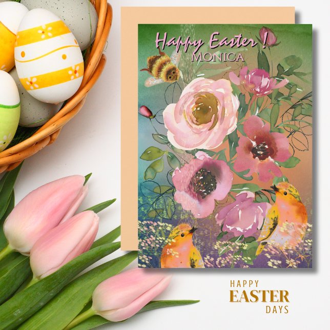Pink Roses Yellow Birds Easter Holiday Card (Pink Roses Yellow Birds Easter Holiday Card )