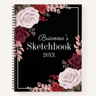 Pink Roses Your Name Black Sketchbook Notebook