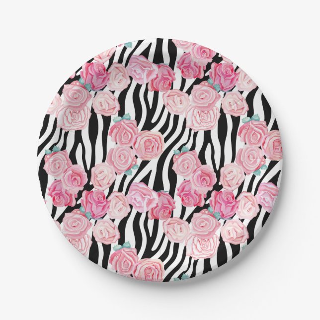 Pink Roses & Zebra Print Paper Plate (Front)