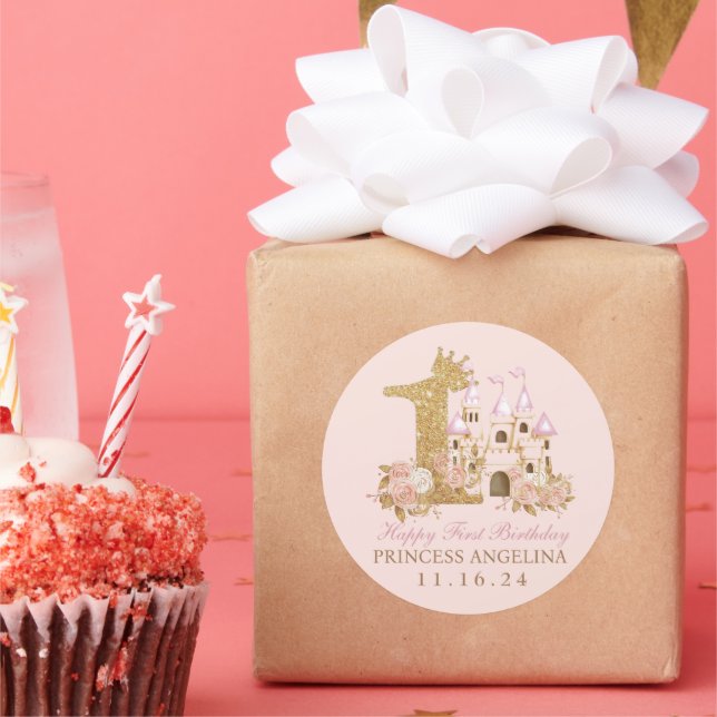  Pink RosesCastle Princess 1st Birthday  Classic Round Sticker (Party)
