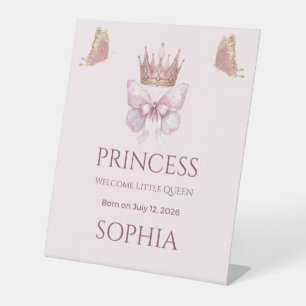 Pink Royal Butterfly Princess Baby Shower Welcome Pedestal Sign