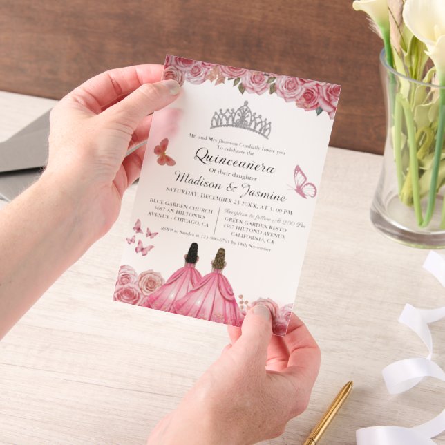 Pink Royal Floral Butterfly Twin Quinceanera Vellum Invitations (Handheld)