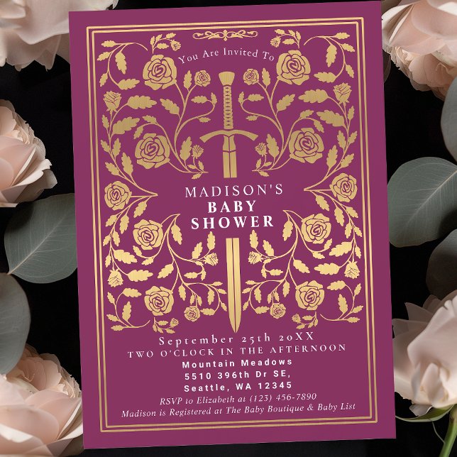Pink Royal Medieval Gold Sword Girl Baby Shower Invitation (Creator Uploaded)