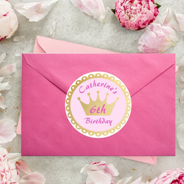 Pink Royal Princess Crown Girl Birthday Classic Round Sticker (Creator Uploaded)