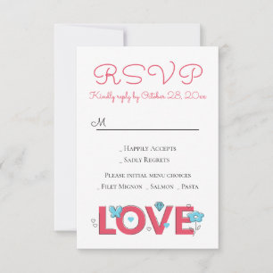 Pink RSVP Love Wedding Party Hearts Butterfly Card