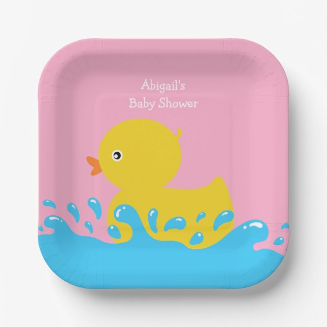 Pink Rubber Duck Polka Dot Baby Shower Paper Plate (Front)