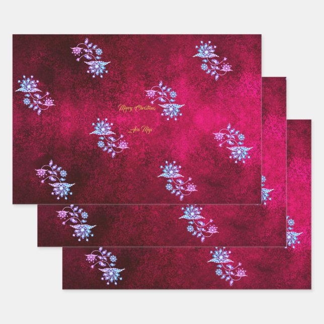 Pink & Ruby Merry Christmas Holiday Blessings Wrapping Paper Sheet (Set)