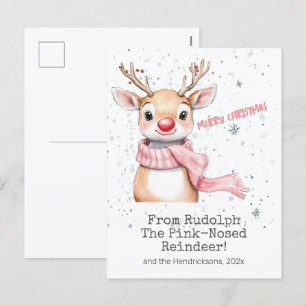Pink Rudolph Reindeer Christmas Postcard