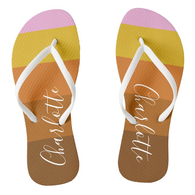 Pink Rust Wide Abstract Stripes Personalized    Flip Flops (Footbed)