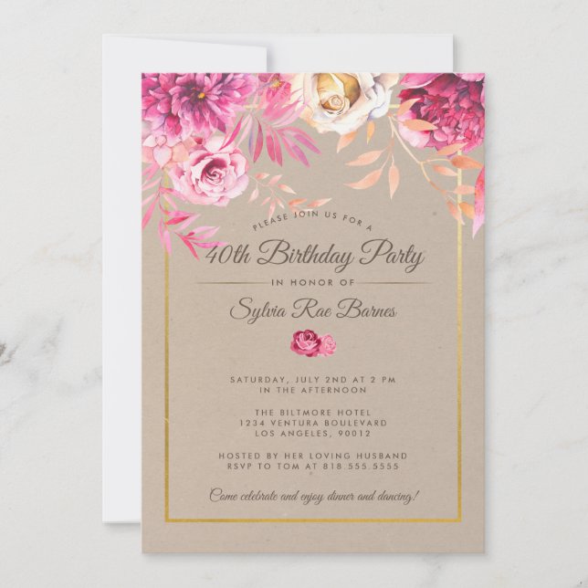 Pink Rustic 40e anniversaire de fête Invitation (Devant)