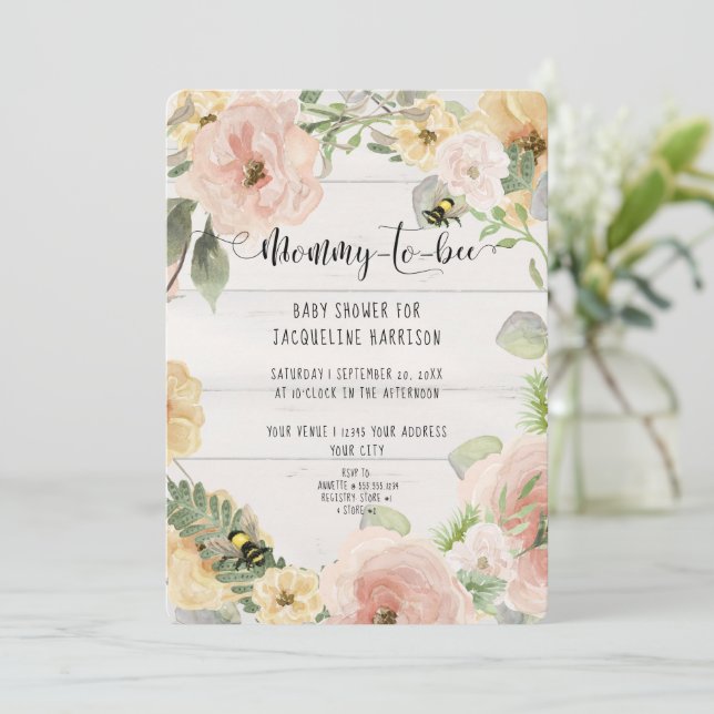 Pink Rustic BOHO Flowers Mommy to Bee Shower Invitation (Standing Front)